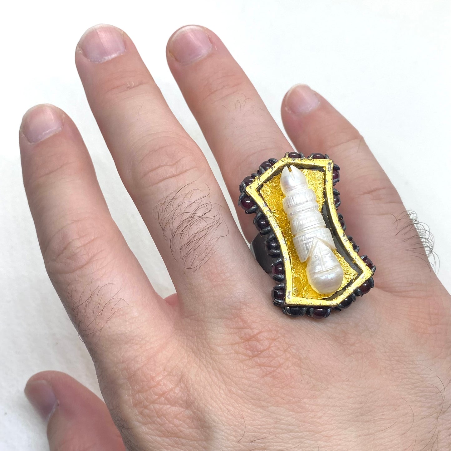 Coffin Ring in Sterling Silver and Garnet With Pearl
