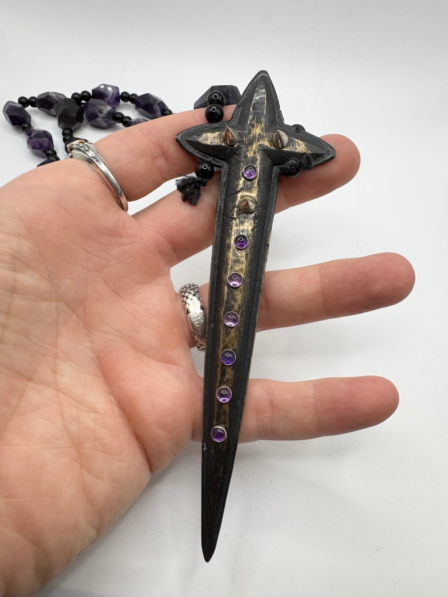 Sword Cross and Amethyst and Silver Spikes in Bronze Necklace