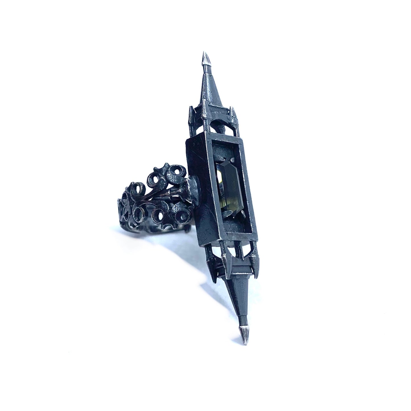 Crow Skulls As Above So Below Ring with Tourmaline in Sterling Silver