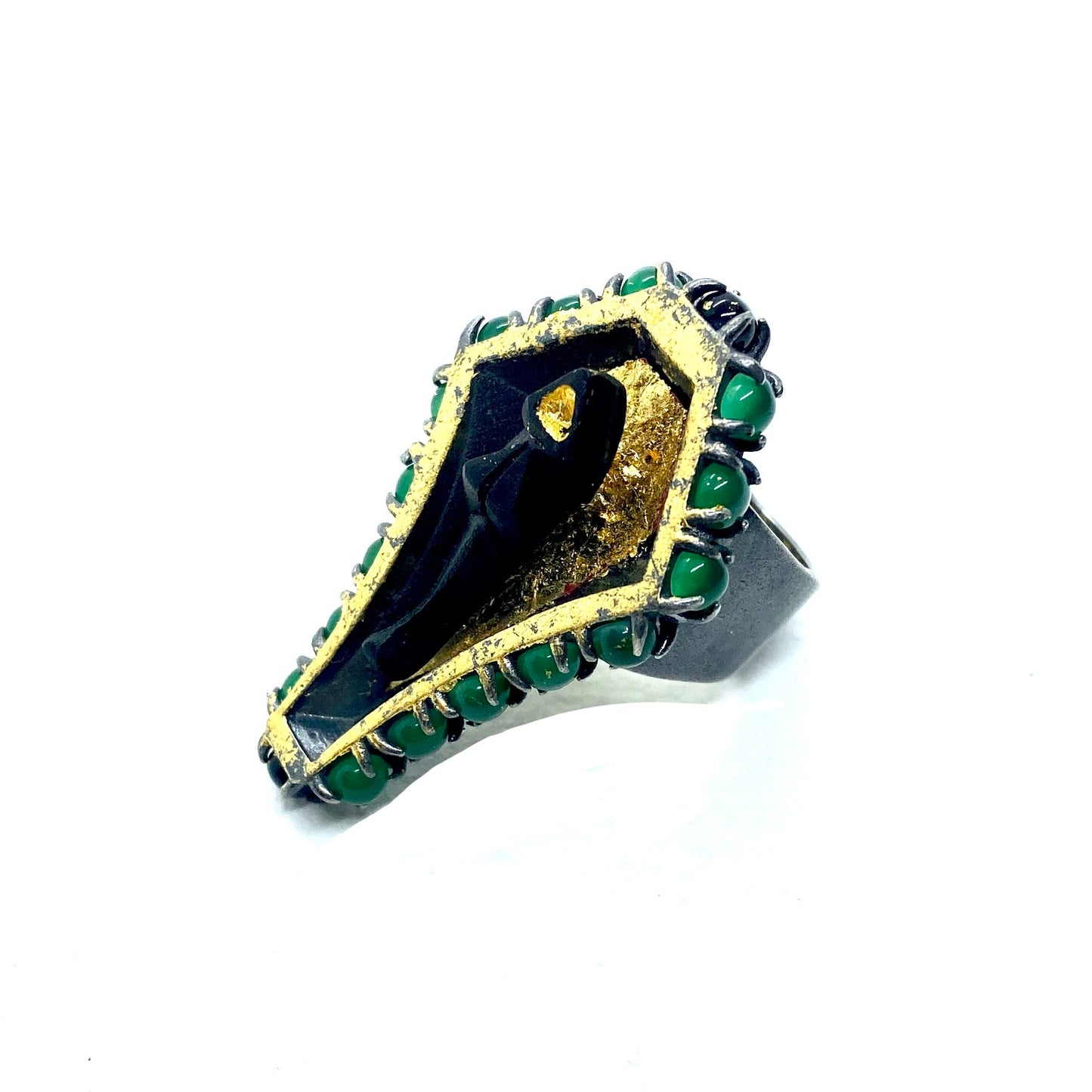 Coffin Ring in Sterling Silver and Onyx And Horn