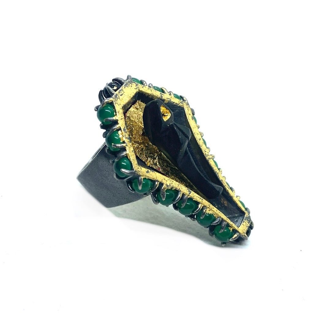 Coffin Ring in Sterling Silver and Onyx And Horn