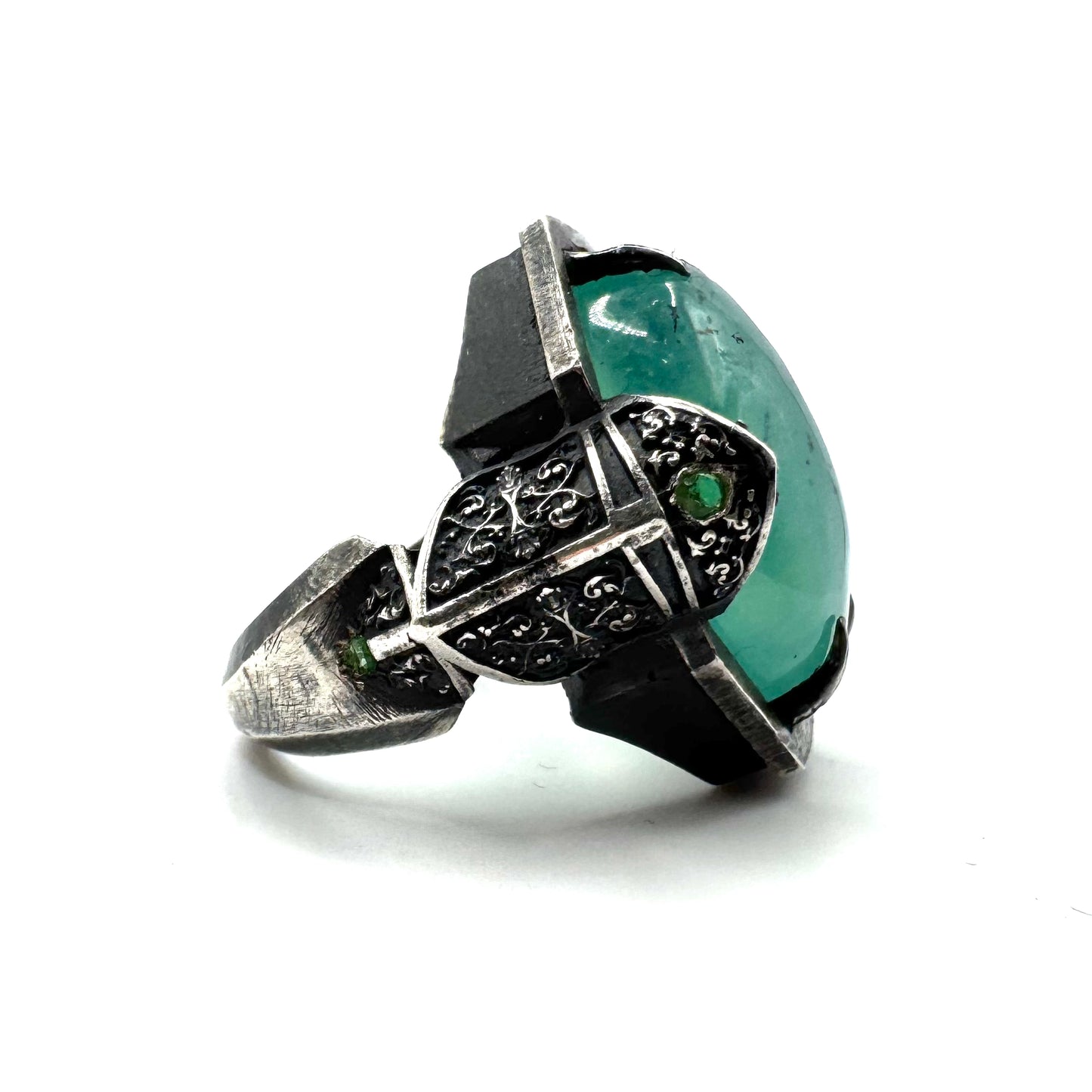 Custom Green Knight Ring with Aquamarine and Tsavorite in Sterling Silver