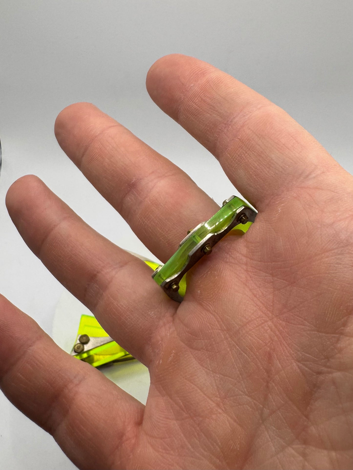 Geometric Brooch Ring In Fluorescent Acrylic and Sterling Silver