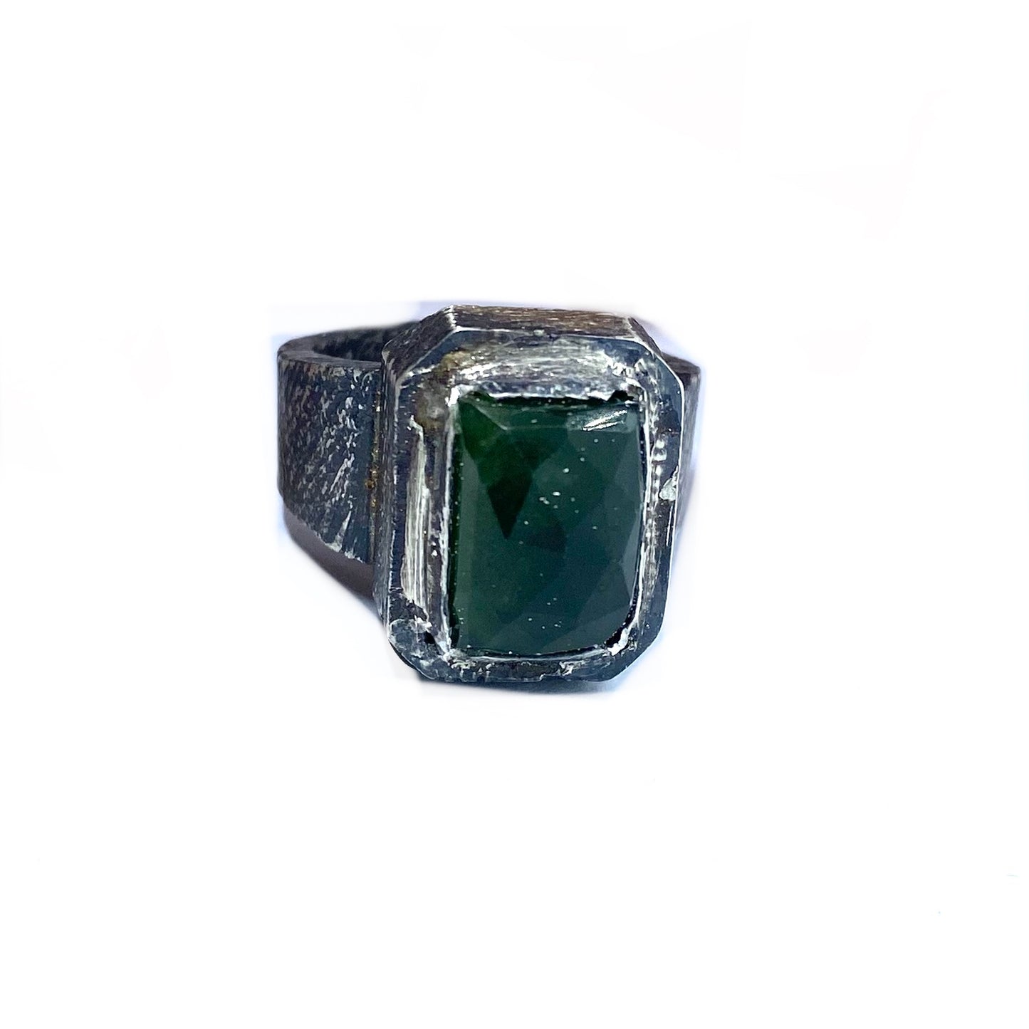 Brutalist Ring with Serpentine in Sterling Silver