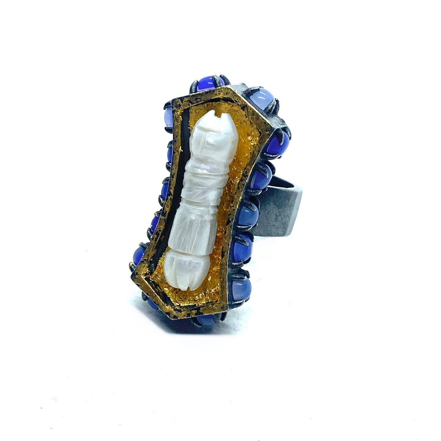 Coffin Ring in Sterling Silver and Blue Onyx With Pearl
