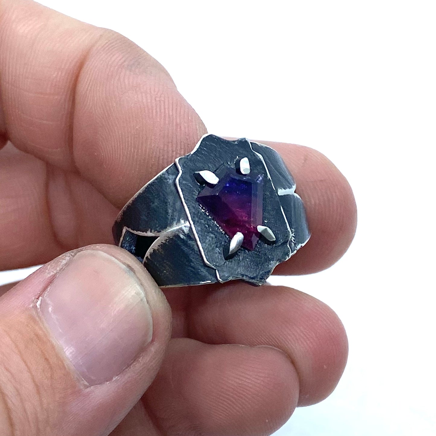 Brutalist Ring with Pink And Purple Winza Sapphire in Sterling Silver