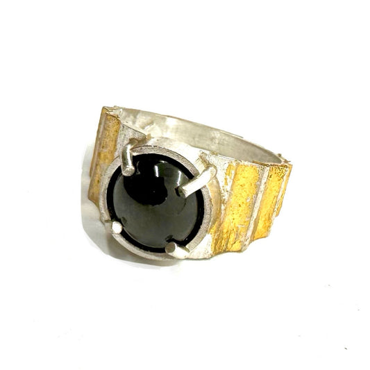 Brutalist Ring with Black Star Diopside 23kt Gold Leaf in Sterling Silver