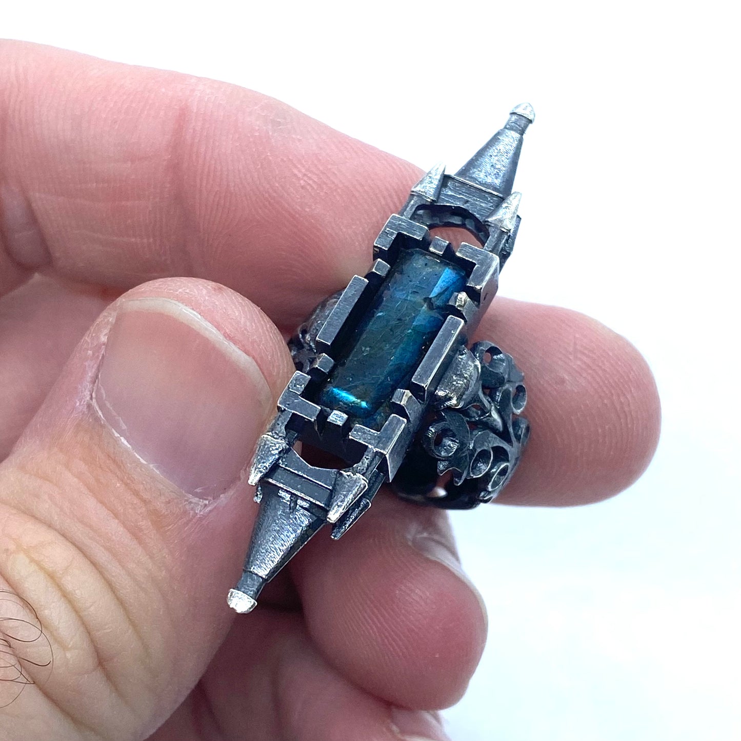 Crow Skulls As Above So Below Ring with Labradorite in Sterling Silver