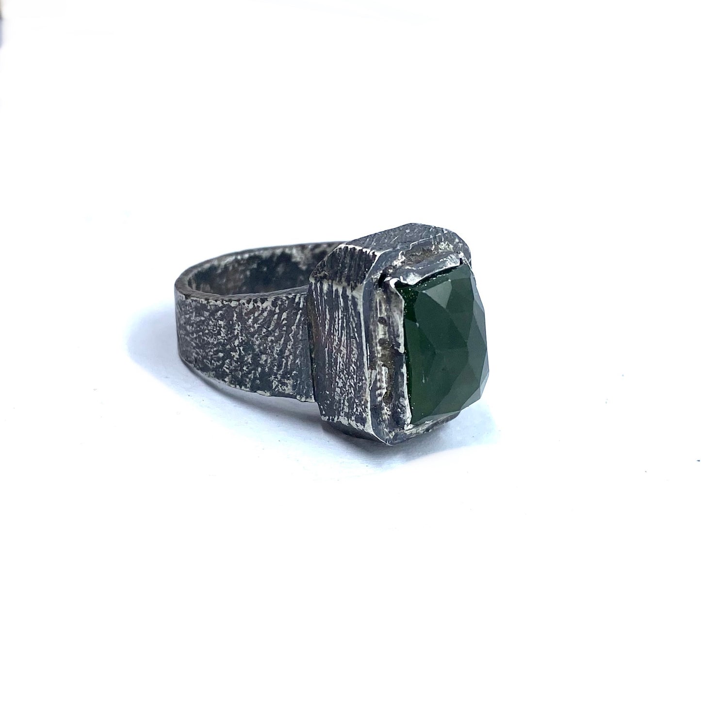 Brutalist Ring with Serpentine in Sterling Silver