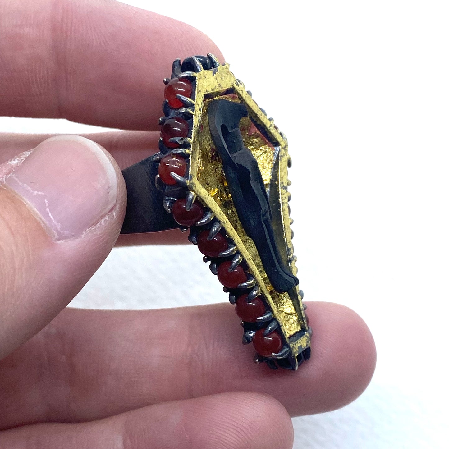 Coffin Ring in Sterling Silver and Carnelian And Horn