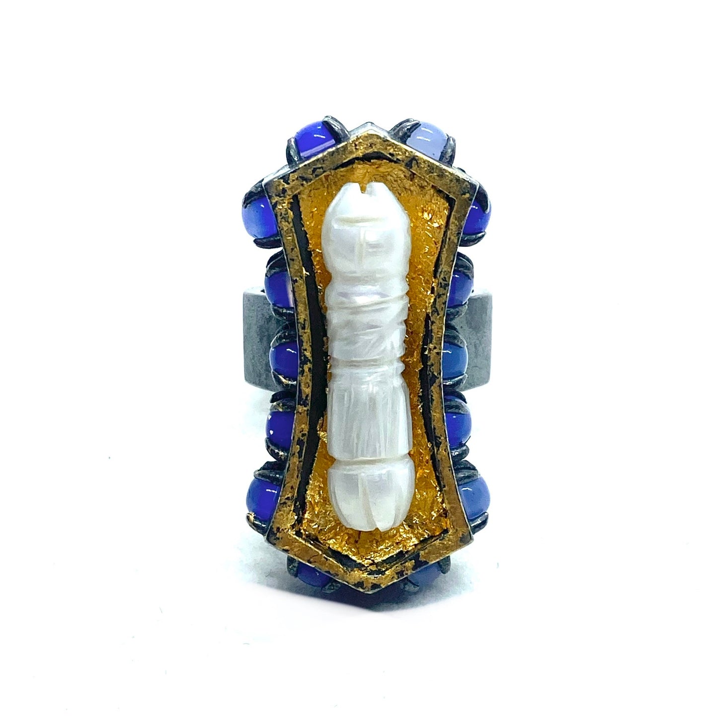 Coffin Ring in Sterling Silver and Blue Onyx With Pearl