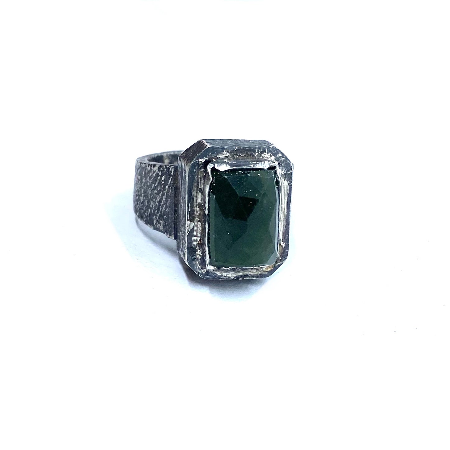 Brutalist Ring with Serpentine in Sterling Silver