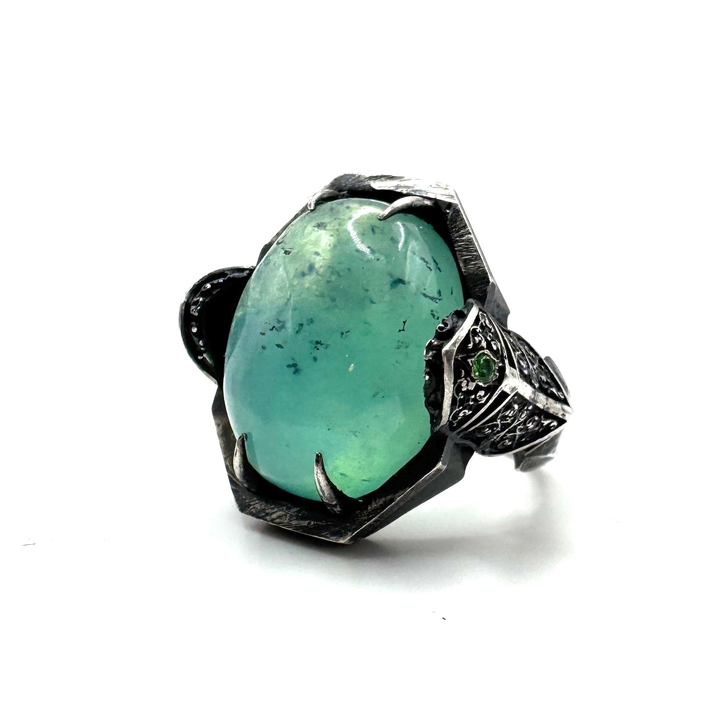 Custom Green Knight Ring with Aquamarine and Tsavorite in Sterling Silver