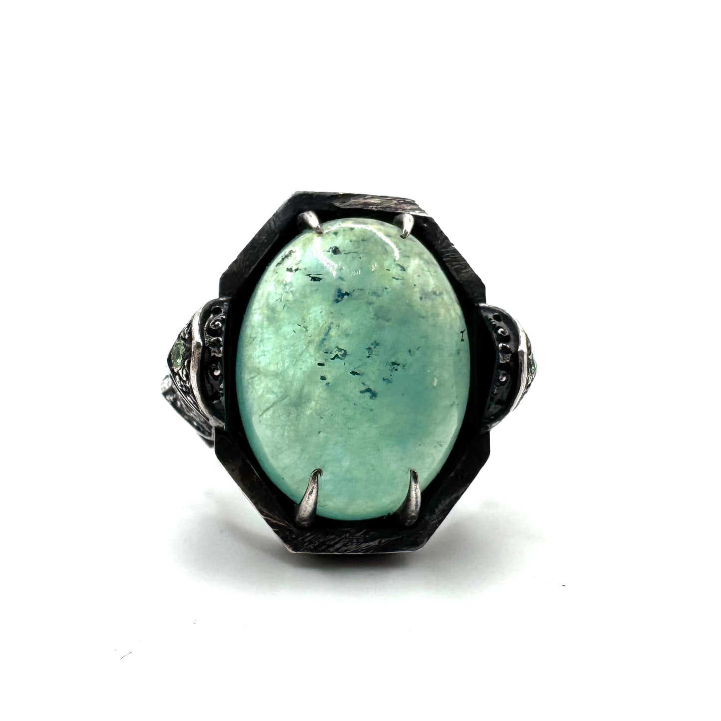 Custom Green Knight Ring with Aquamarine and Tsavorite in Sterling Silver