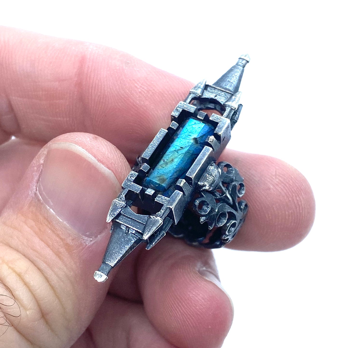 Crow Skulls As Above So Below Ring with Labradorite in Sterling Silver