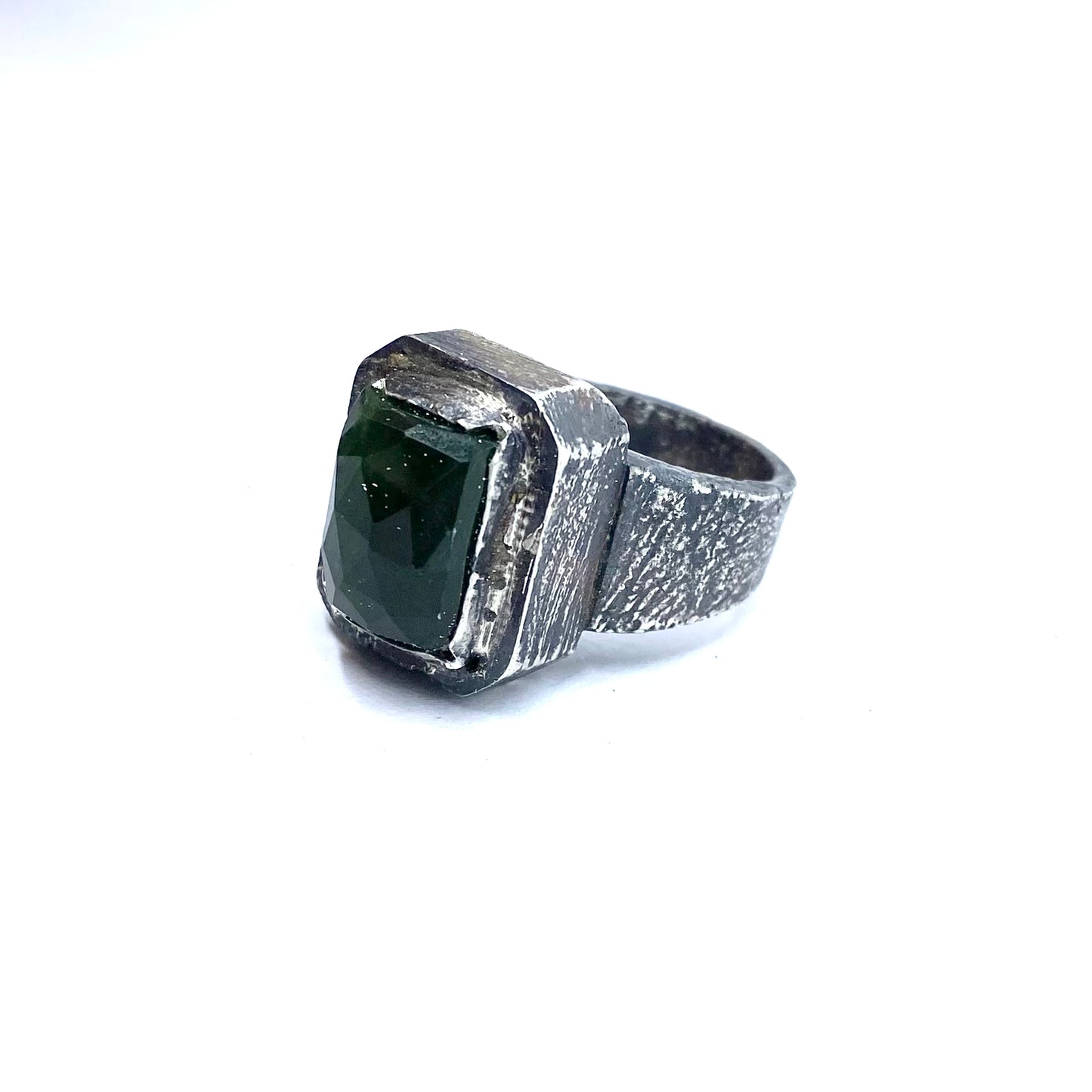Brutalist Ring with Serpentine in Sterling Silver