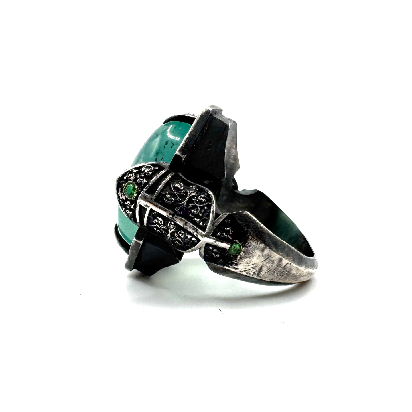 Custom Green Knight Ring with Aquamarine and Tsavorite in Sterling Silver