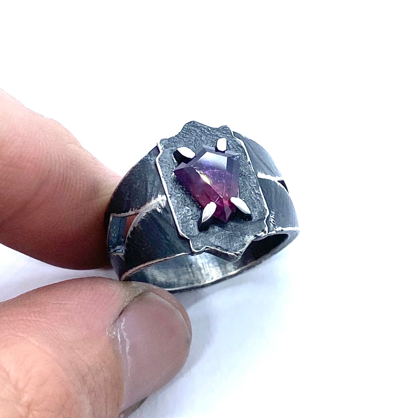 Brutalist Ring with Pink And Purple Winza Sapphire in Sterling Silver