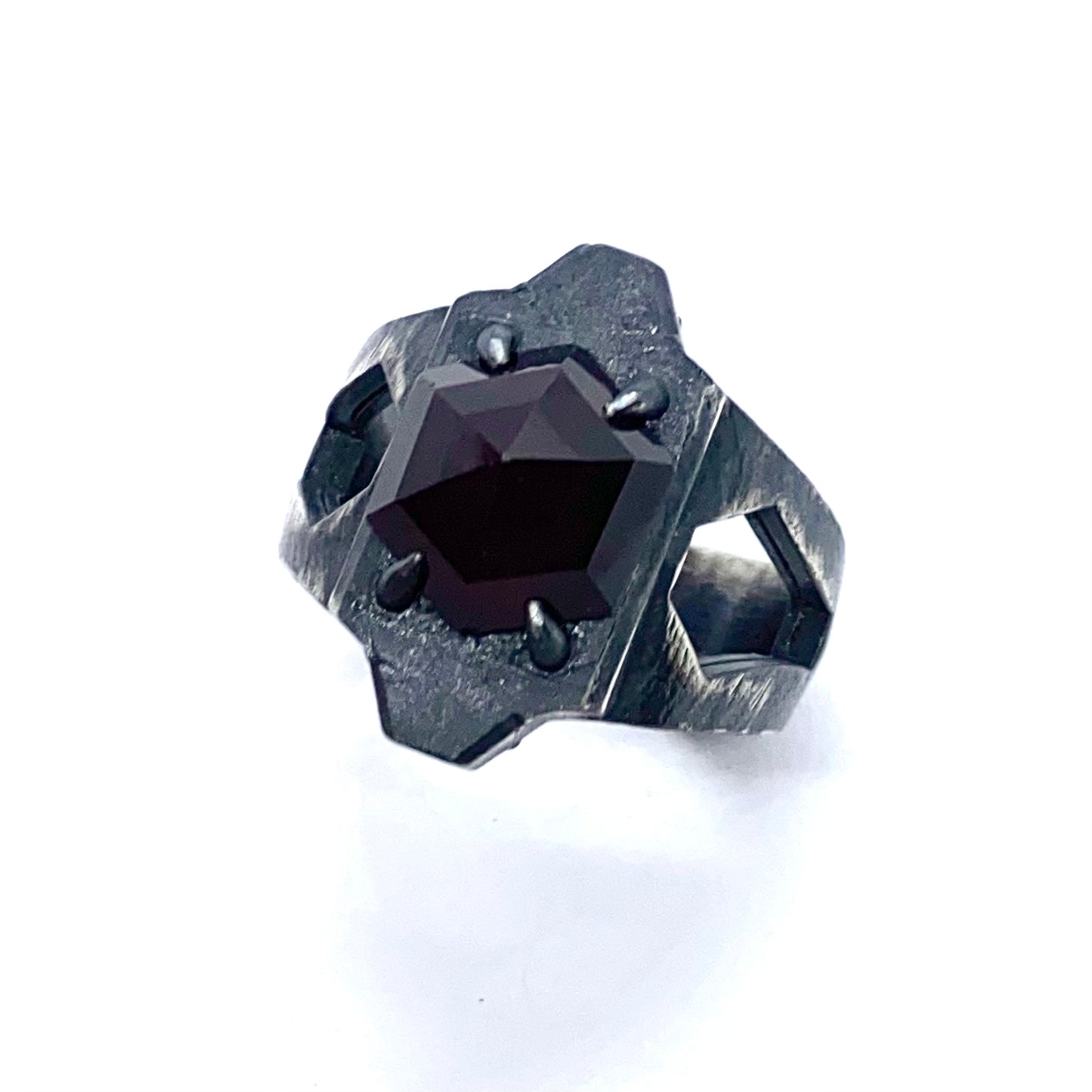 Coffin Ring with Garnet in Sterling Silver