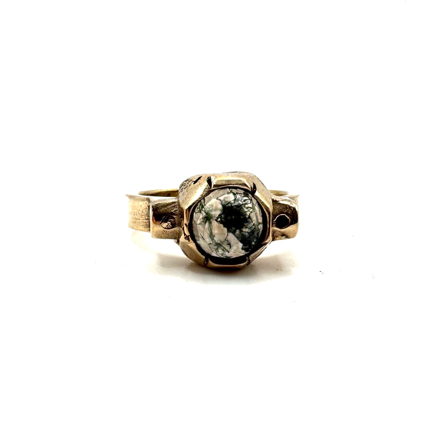 Geometric Brutalist Moss Agate Modern Ring in Bronze