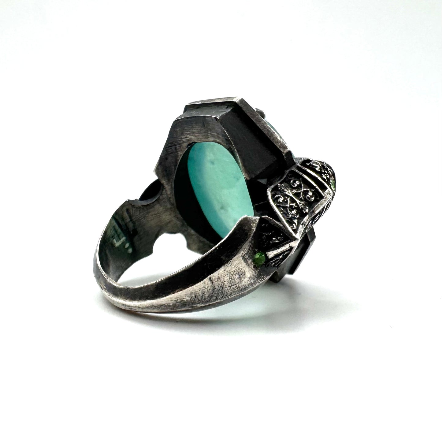 Custom Green Knight Ring with Aquamarine and Tsavorite in Sterling Silver