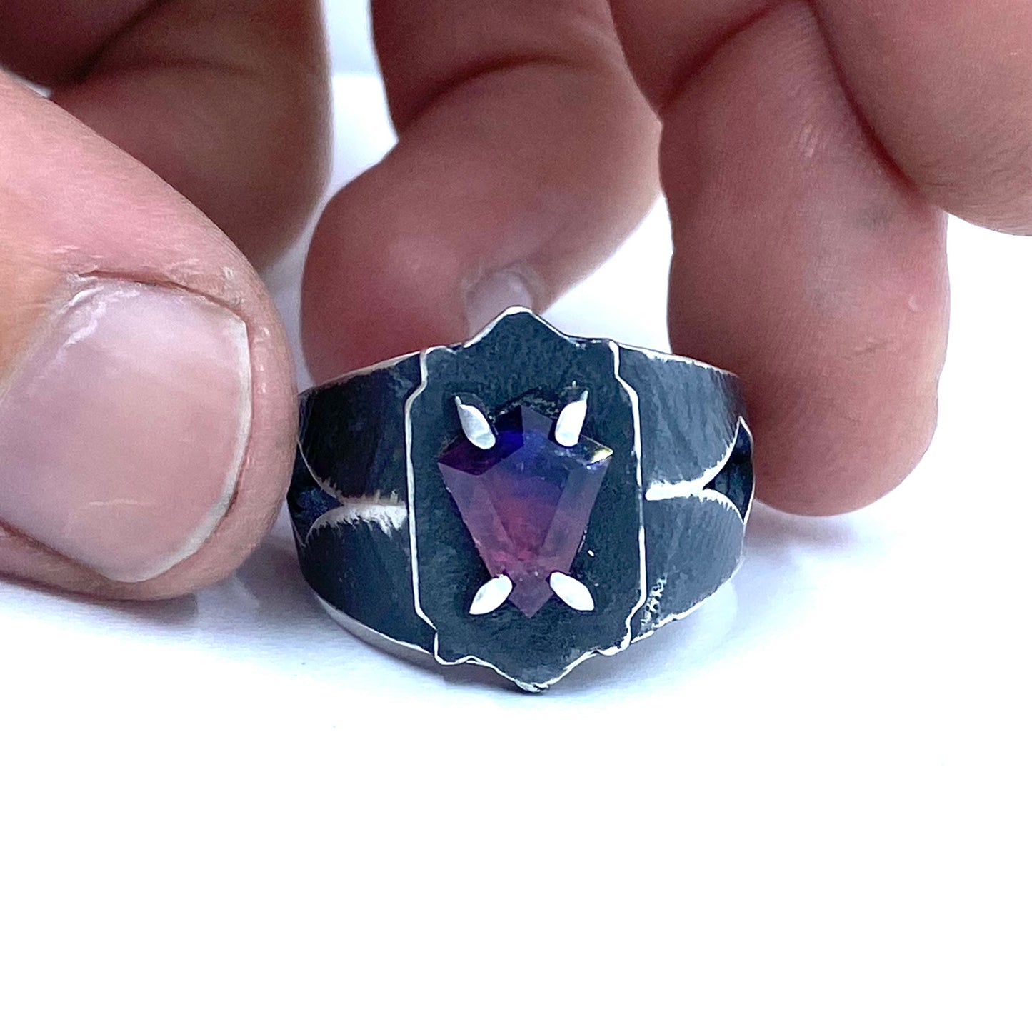 Brutalist Ring with Pink And Purple Winza Sapphire in Sterling Silver