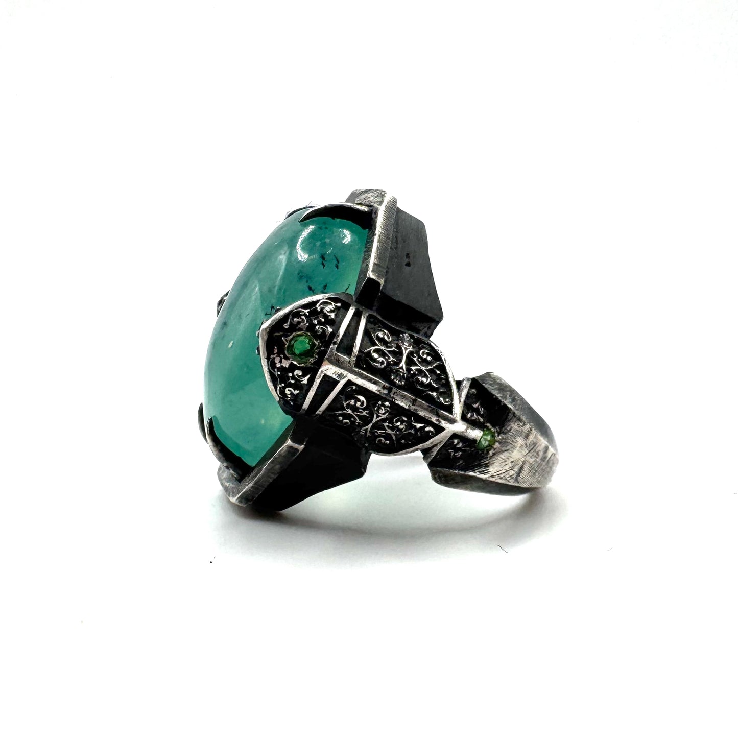 Custom Green Knight Ring with Aquamarine and Tsavorite in Sterling Silver