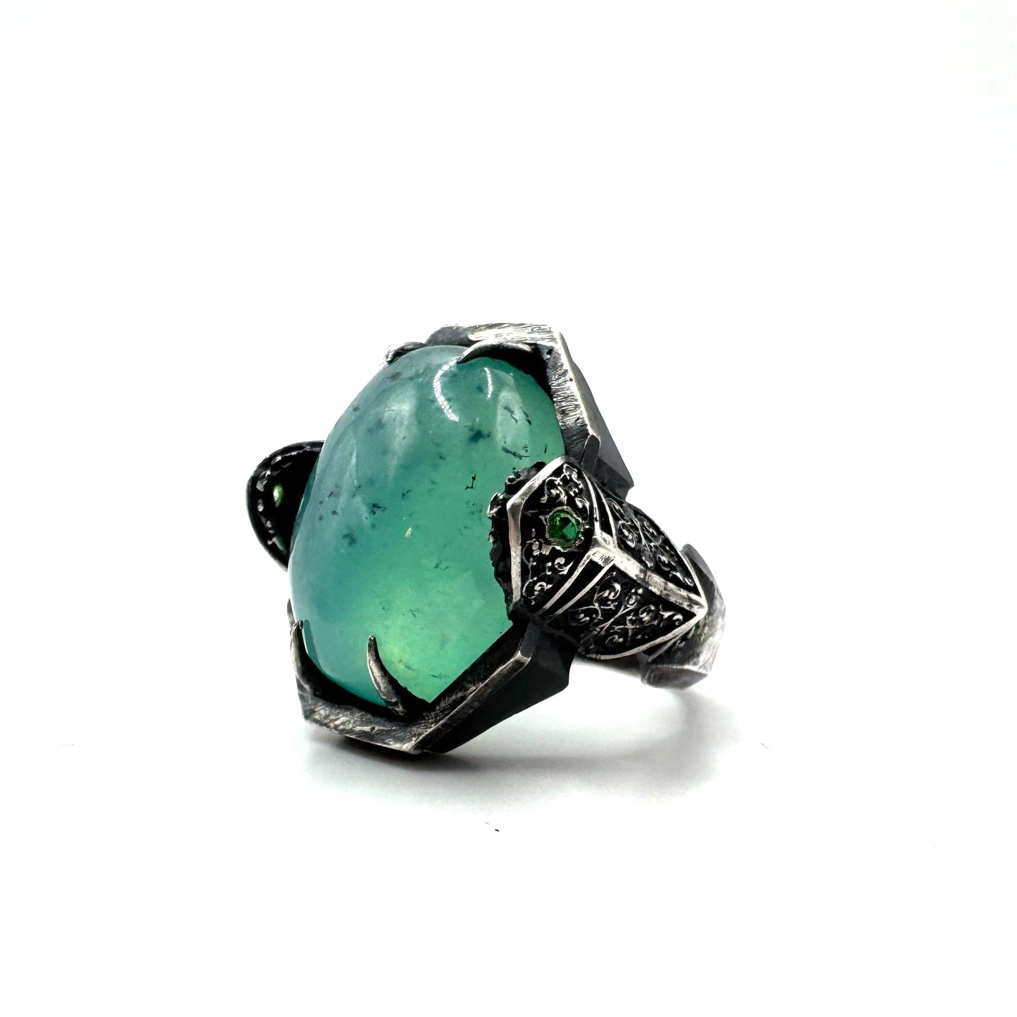 Custom Green Knight Ring with Aquamarine and Tsavorite in Sterling Silver