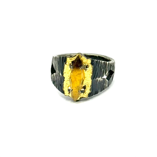 Brutalist Ring with Yellow Jacket Quartz in Sterling Silver