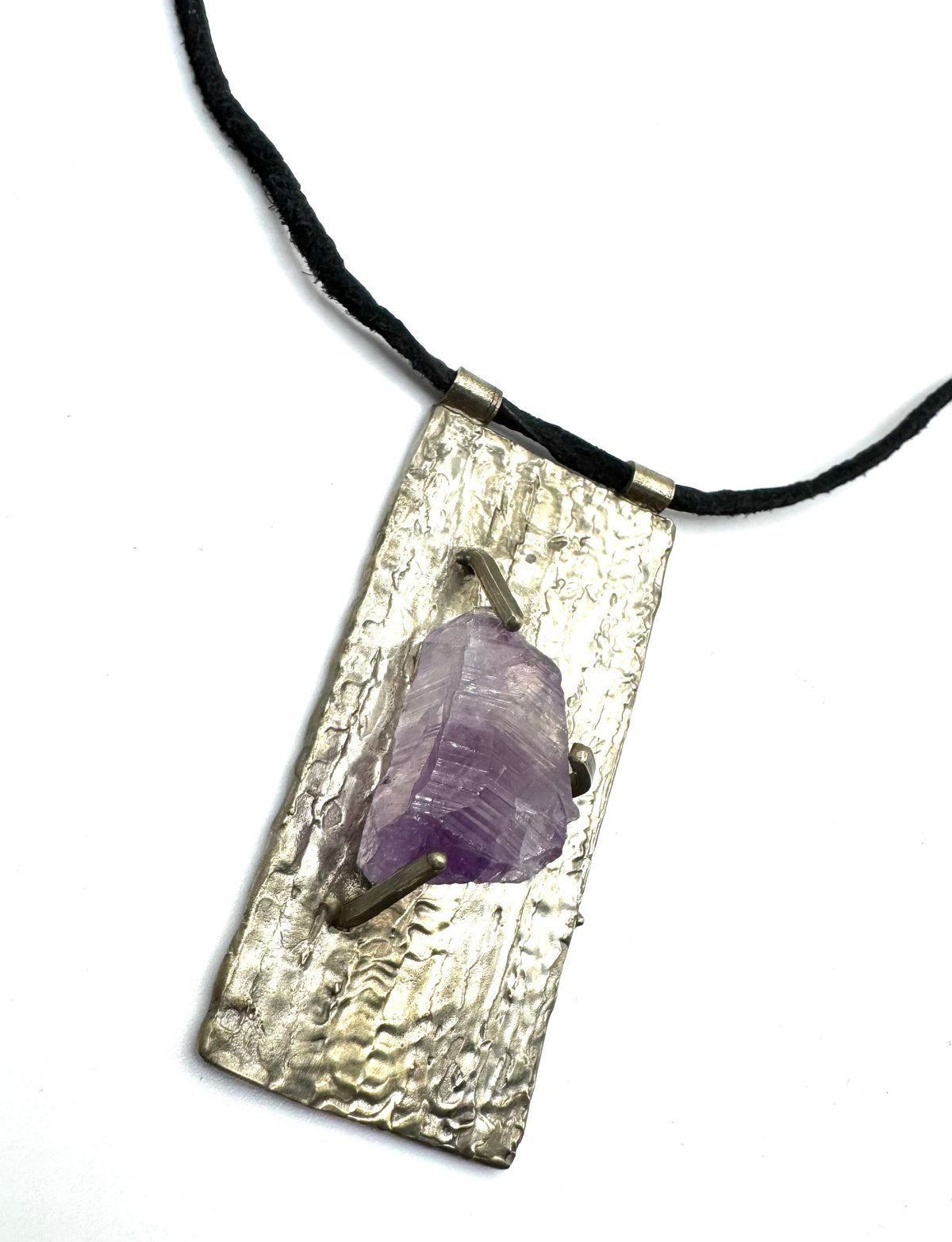 Talisman With Raw Amethyst with White Bronze on Leather