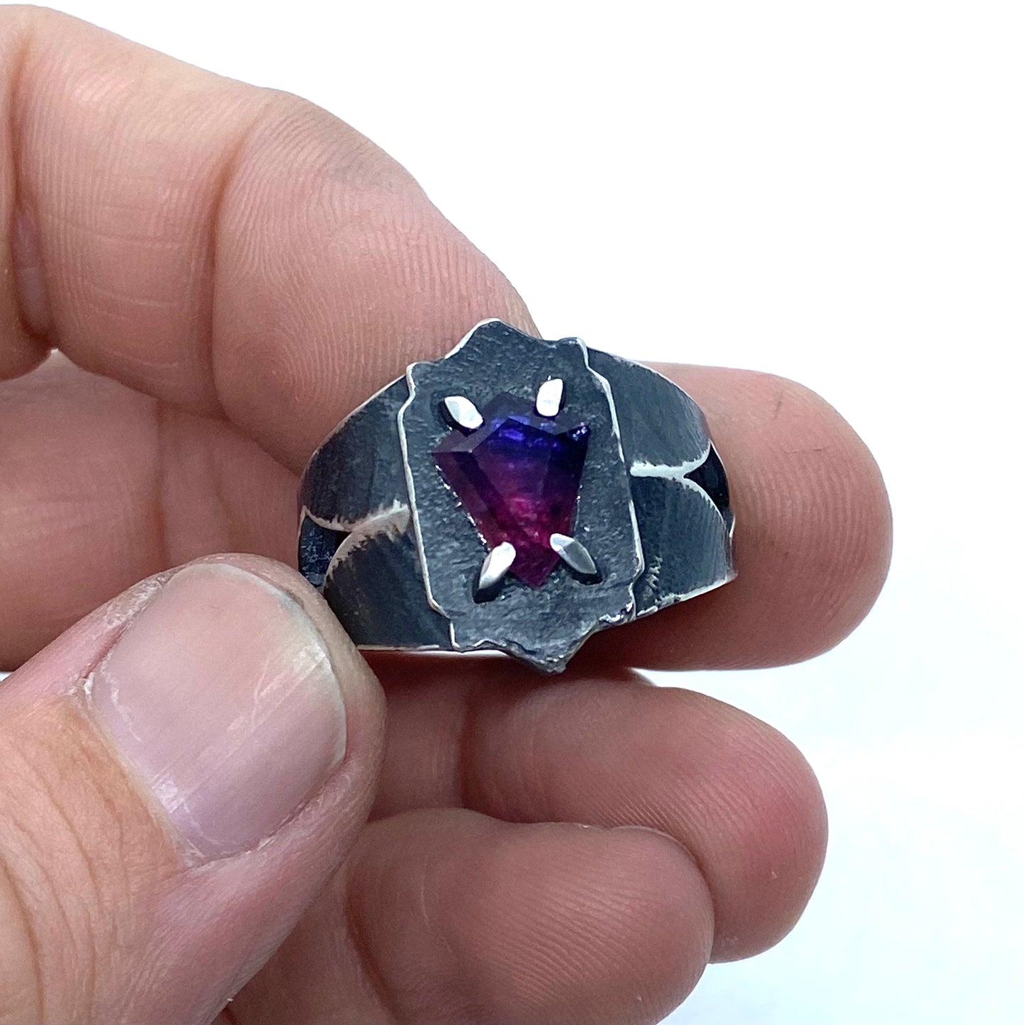 Brutalist Ring with Pink And Purple Winza Sapphire in Sterling Silver