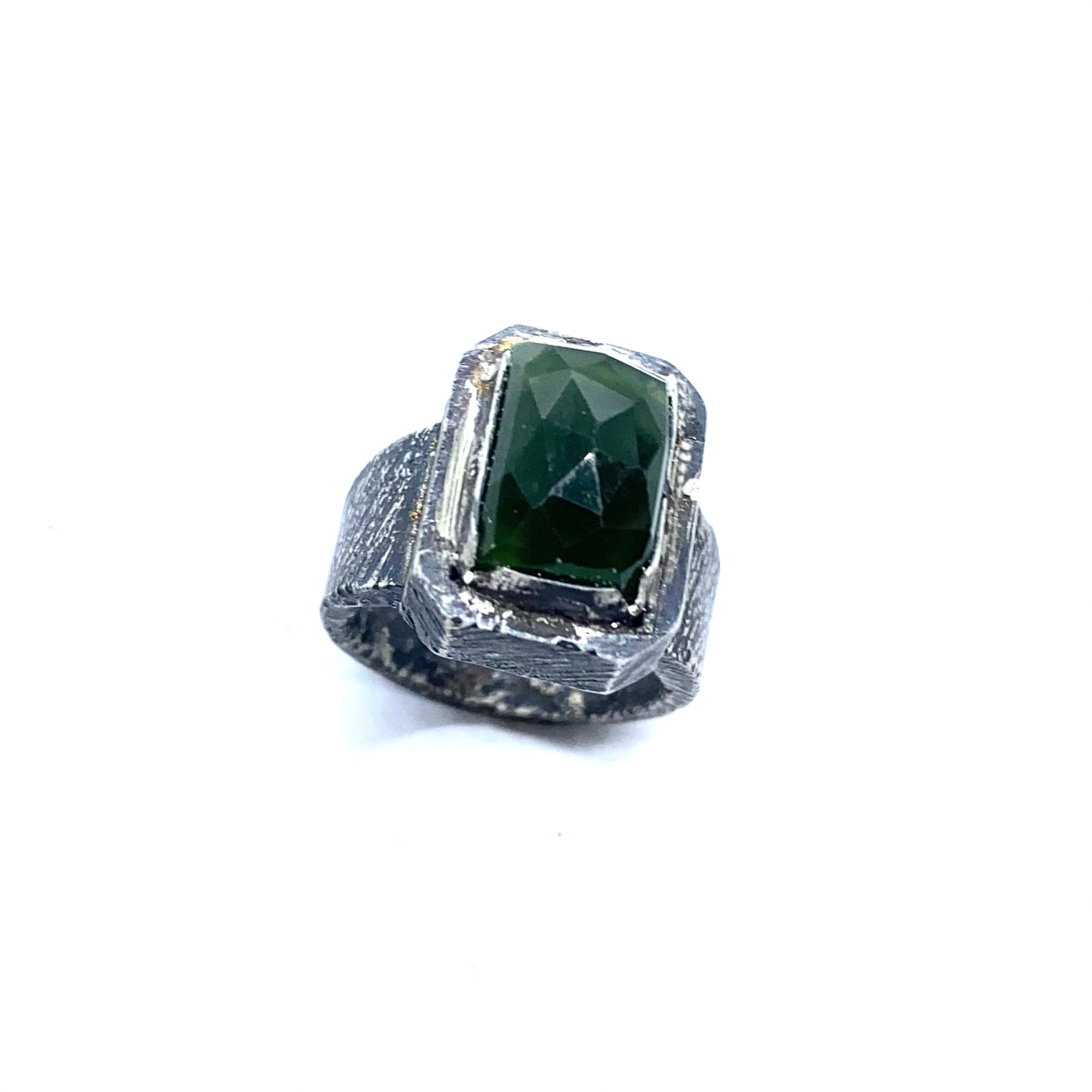 Brutalist Ring with Serpentine in Sterling Silver