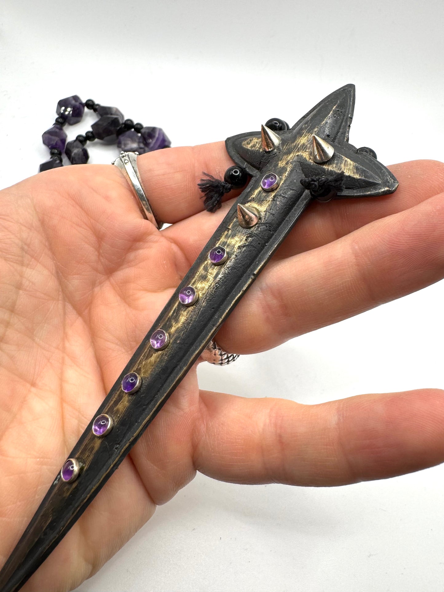 Sword Cross and Amethyst and Silver Spikes in Bronze Necklace