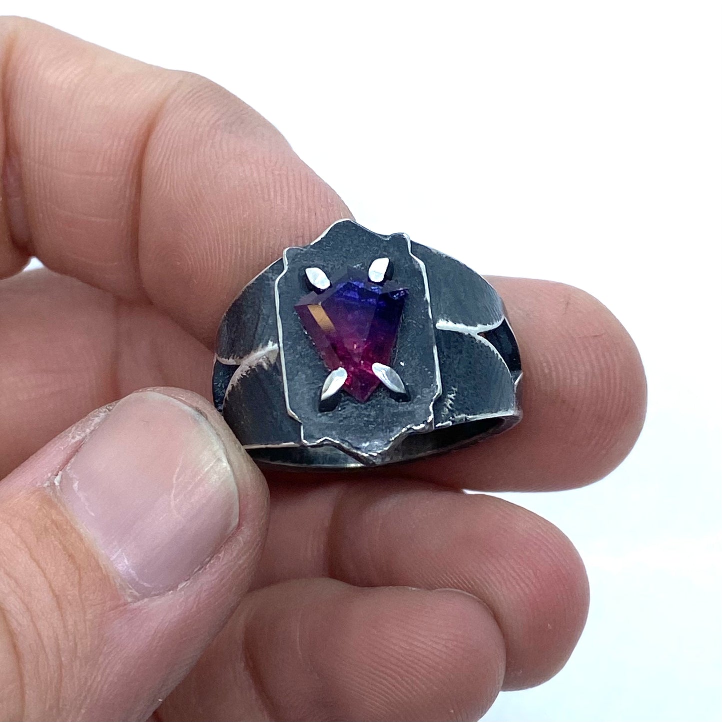 Brutalist Ring with Pink And Purple Winza Sapphire in Sterling Silver