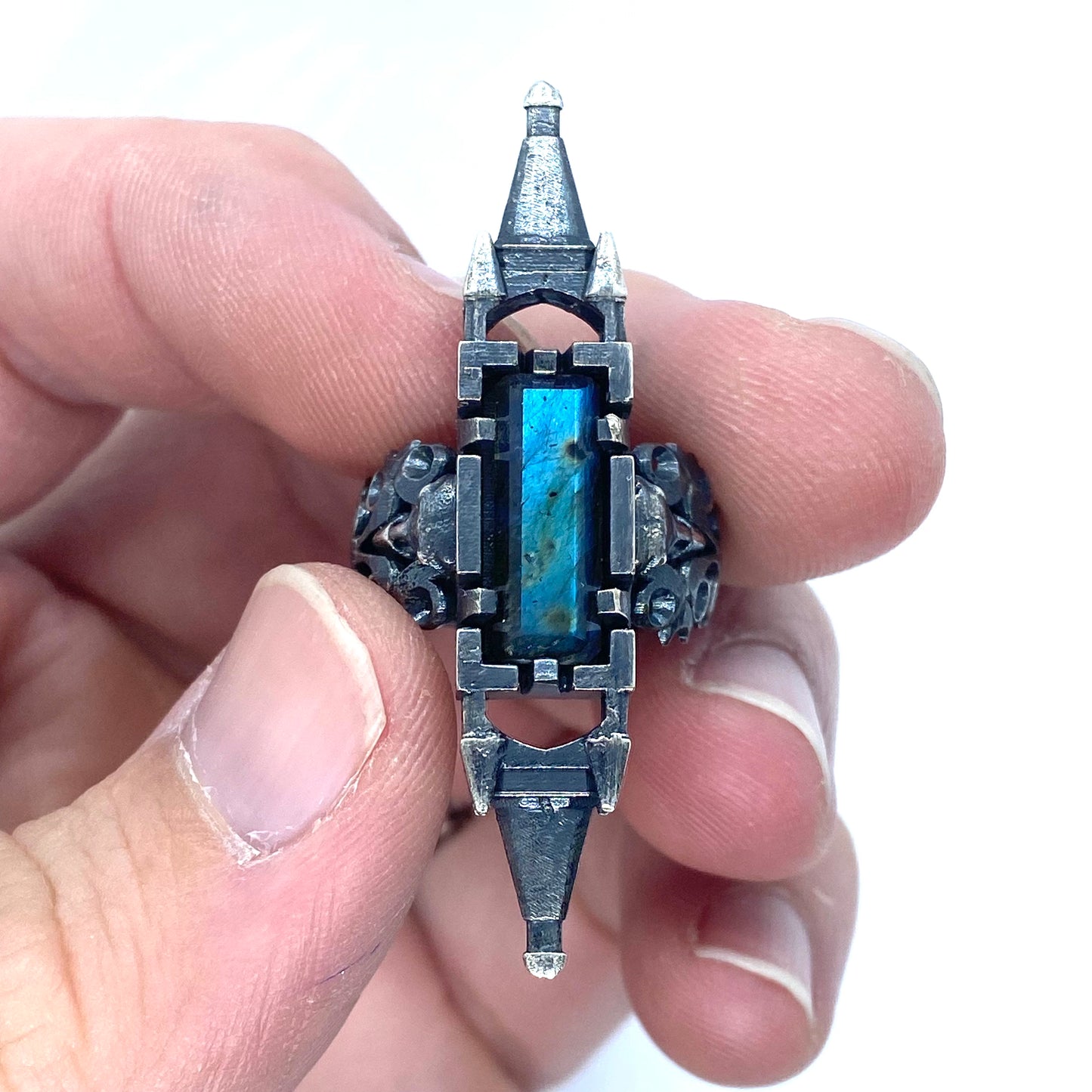 Crow Skulls As Above So Below Ring with Labradorite in Sterling Silver