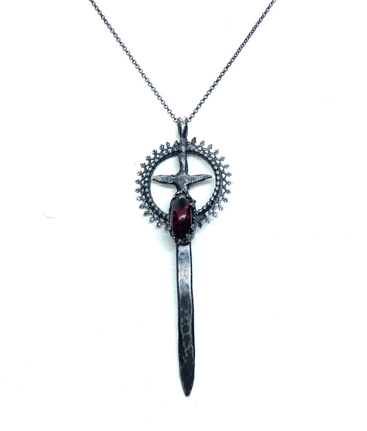 Excalibur Sword Necklace in Sterling Silver and Garnet
