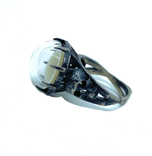 Skull Reliquary Ring with Mother of Pearl and Quartz in Sterling Silver