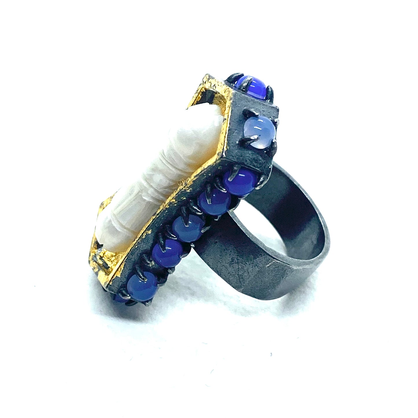 Coffin Ring in Sterling Silver and Blue Onyx With Pearl