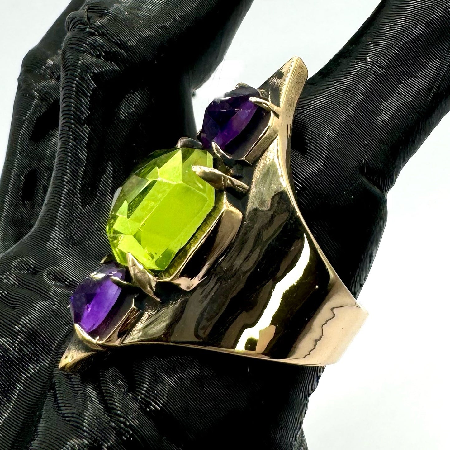 Mage’s Rath Bronze Amethyst and Peridot Brutalist Ring