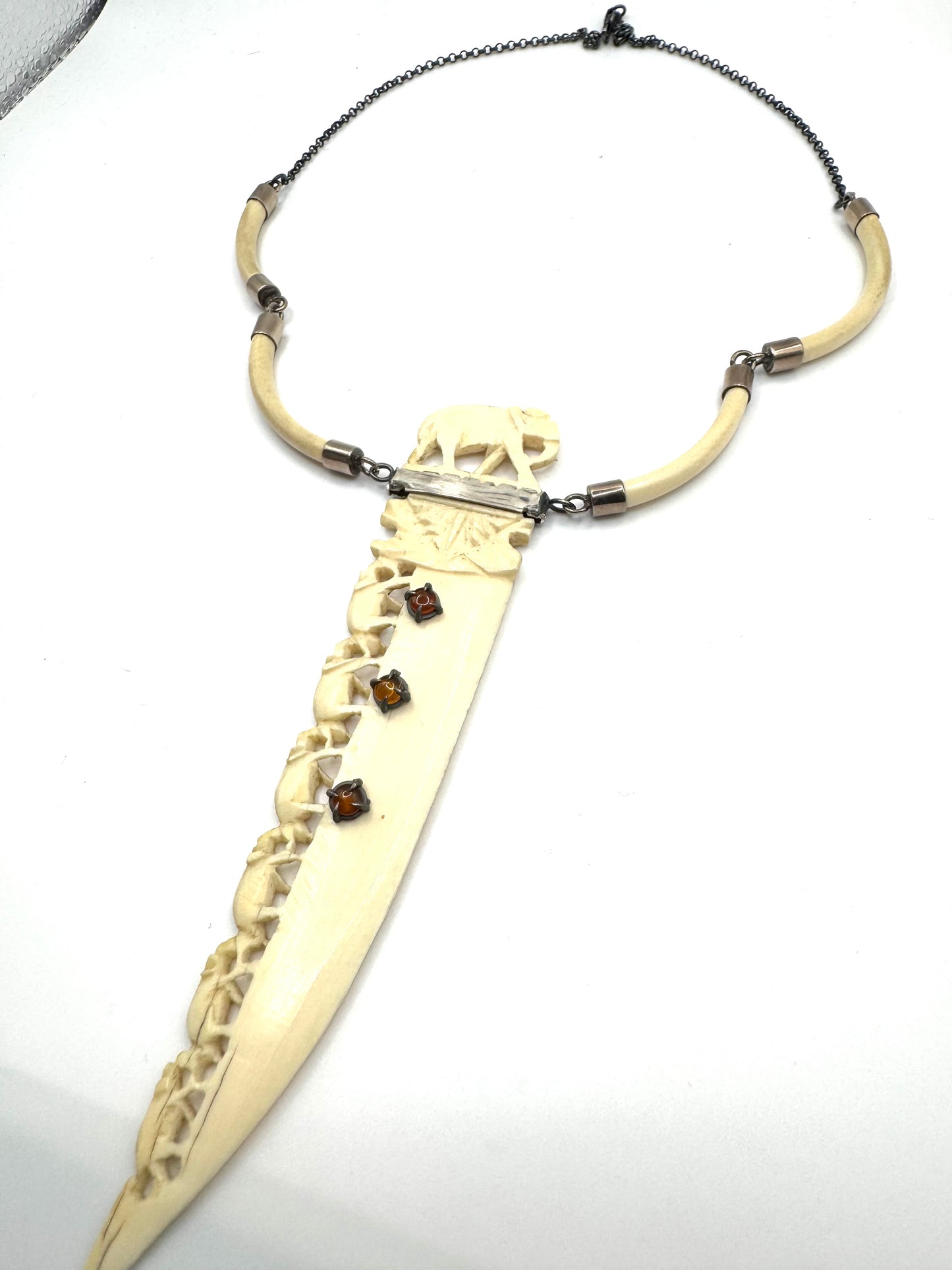 Dagger Amulet In Carved Bone And Amber accents in Sterling Silver