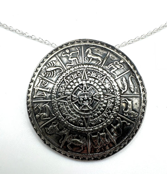 Vintage Sterling Silver Aztec Sun Stone Medallion Pendant