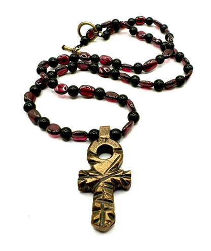 Bronze Ankh on a Garnet and Black Onyx Beaded Necklace with Bronze Toggle