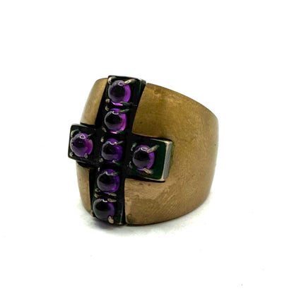 Amethyst Sterling Silver Cross Brutalist Bronze Ring