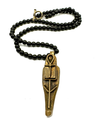 Sekhmet’s Eternal Rest Bronze Ushabti on a Black Onyx Beaded Necklace with Bronze Toggle