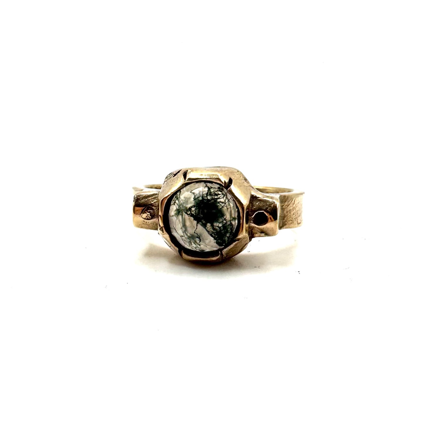 Geometric Brutalist Moss Agate Modern Ring in Bronze