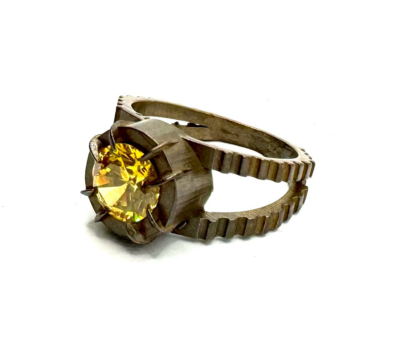 Yellow CZ Bronze Split Band Brutalist Ring