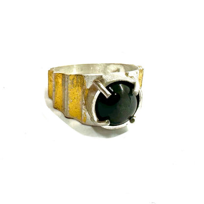 Brutalist Ring with Black Star Diopside 23kt Gold Leaf in Sterling Silver