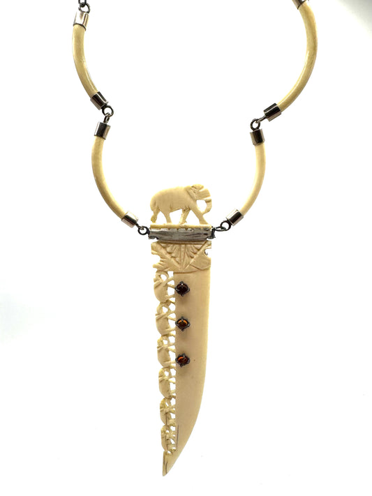 Dagger Amulet In Carved Bone And Amber accents in Sterling Silver