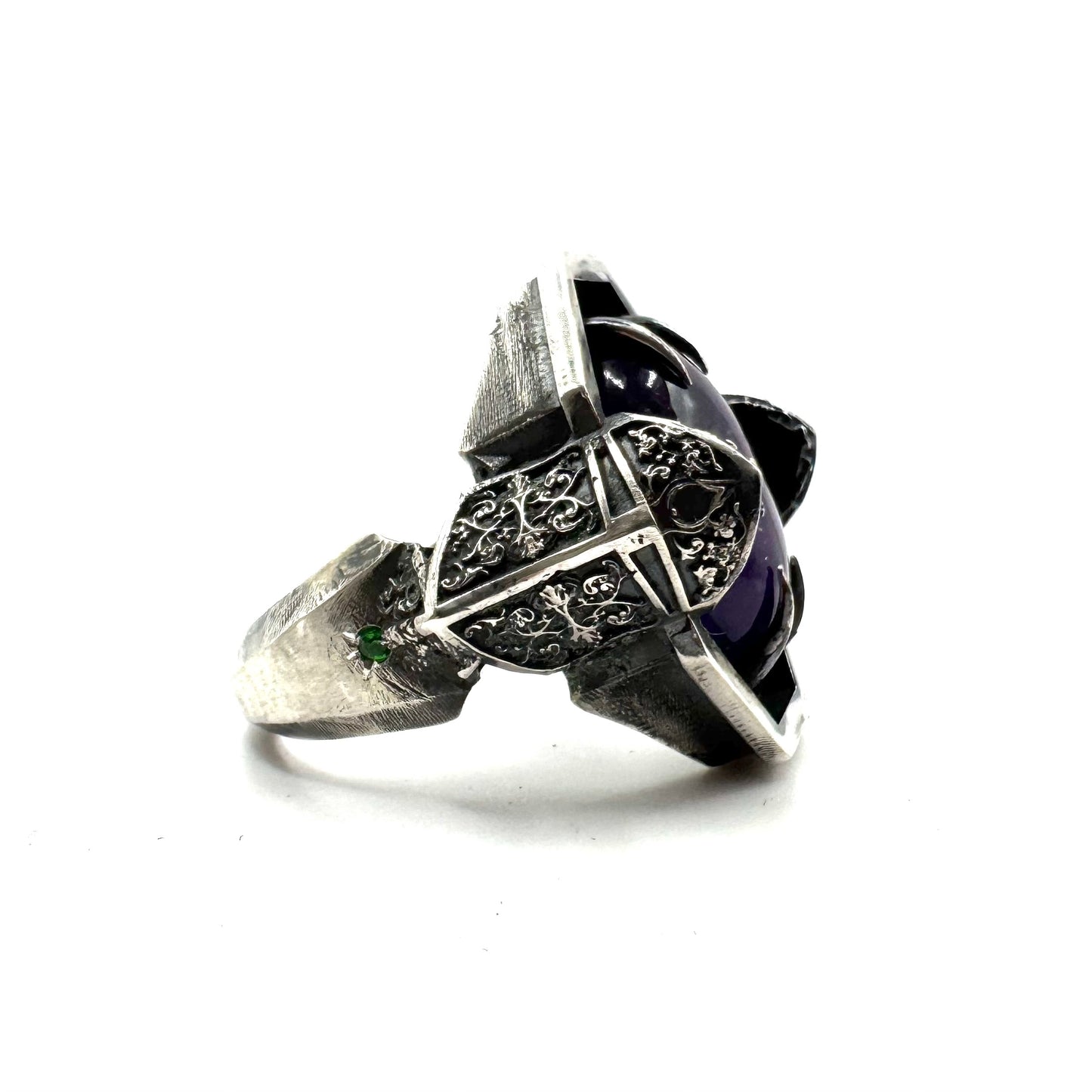 Green Knight Ring with Amethyst and Tsavorite in Sterling Silver