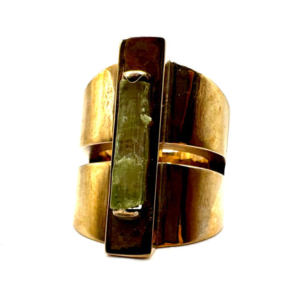 Brutalist Green Tourmaline Modern Ring in Bronze